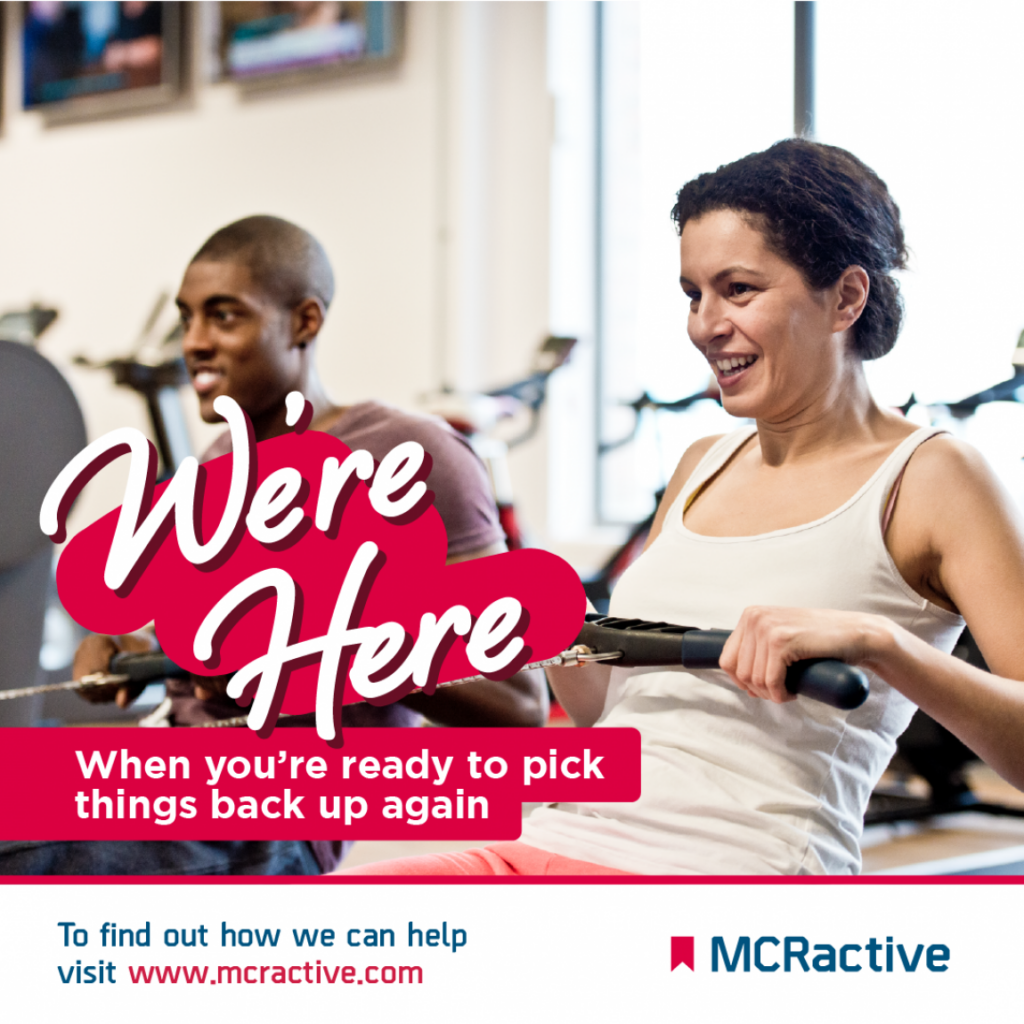 A lady exercising with a title of 'we're here' over the front of it