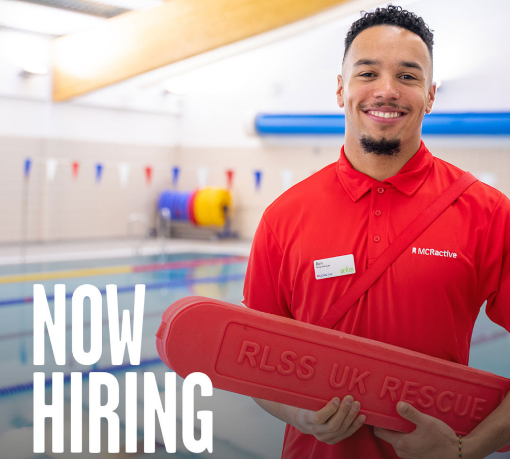 'Now Hiring' icon on the screen with a leisure worker working