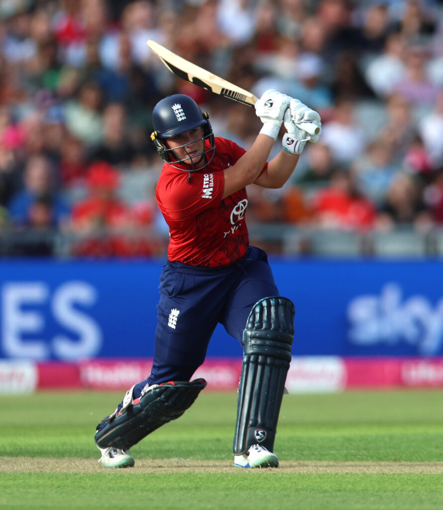 Alice Capsey of England bats during the 4th Women's Vitality IT20 match between England and India at Emirates Old Trafford on July 09, 2025 in Manchester, England.