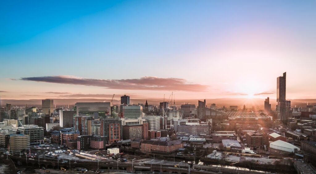 Manchester Skyline with sun setting